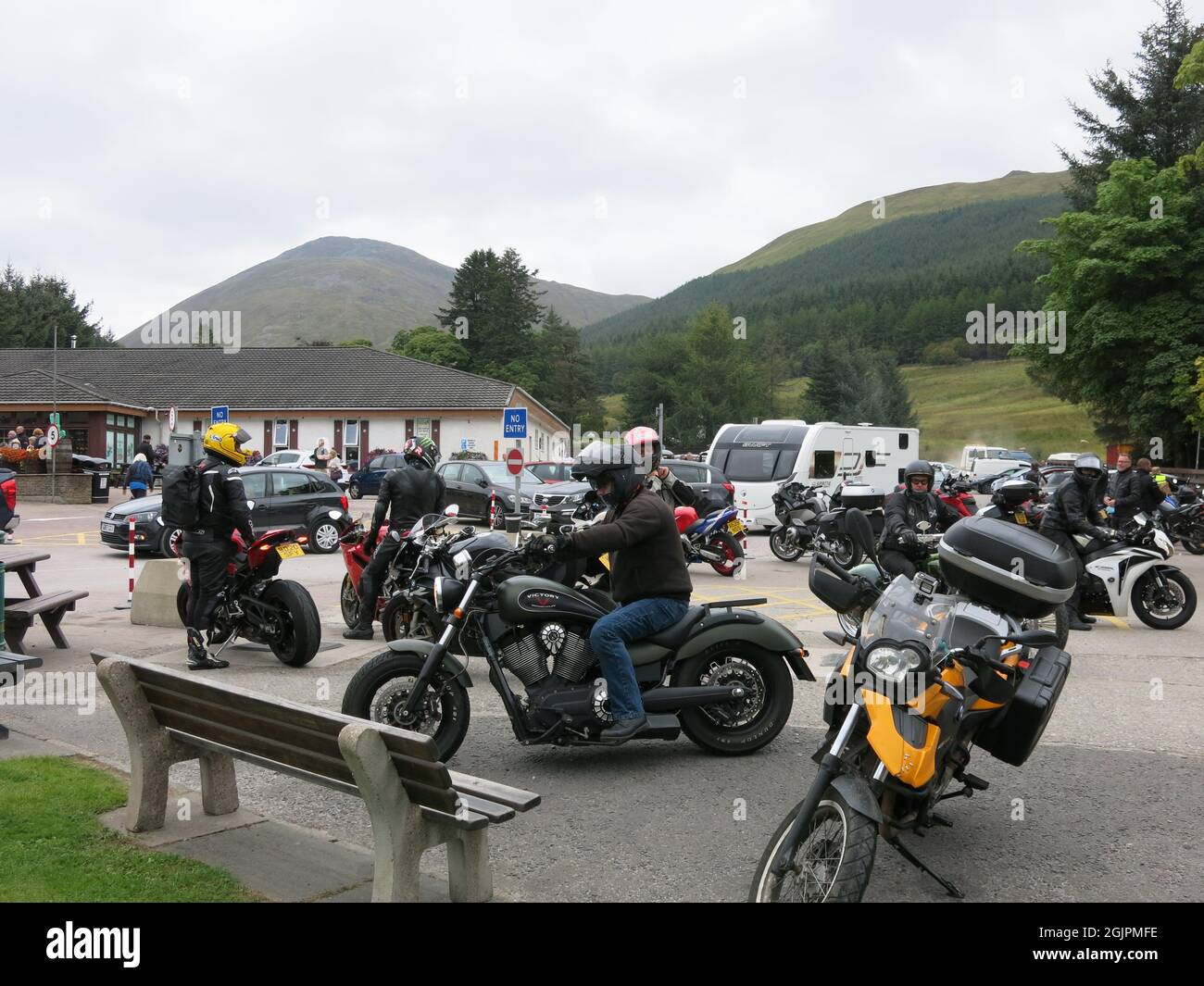The Green Welly Stop at Tyndrum on the A82 is a popular family-run service station for travellers in the Highlands, especially motorcyclists. Stock Photo
