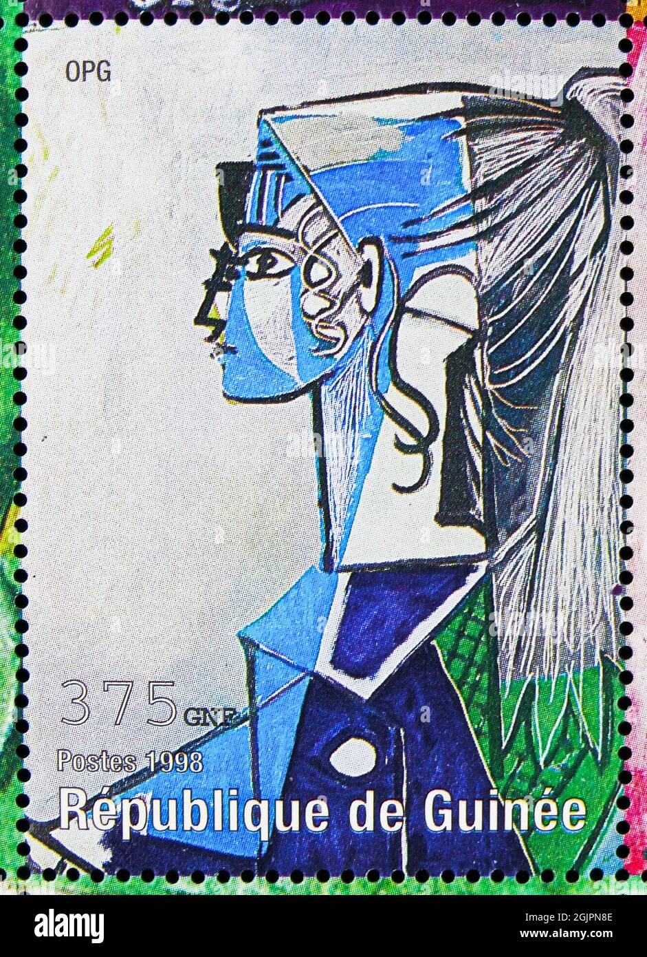 MOSCOW, RUSSIA - APRIL 17, 2021: Postage stamp printed in Cinderellas shows Pablo Picasso, Portrait of Sylvette David, Guinea serie, circa 1998 Stock Photo
