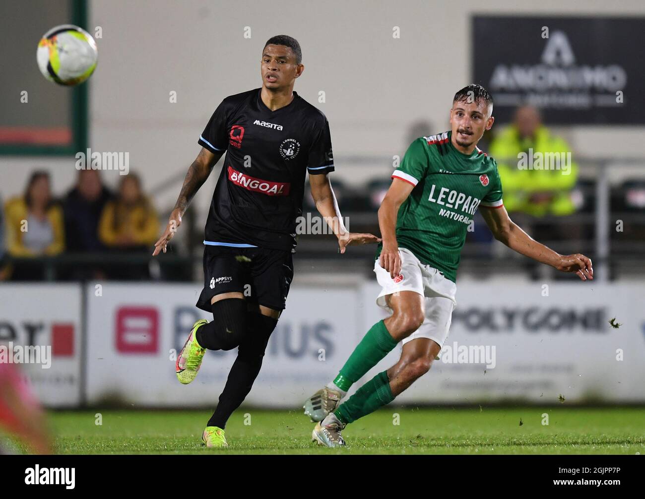Lommel's Diego Silva Rosa and Virton's Hugo Colella fight for the ball during a soccer match between Royal Excelsior Virton and Lommel SK, Saturday 11 Stock Photo