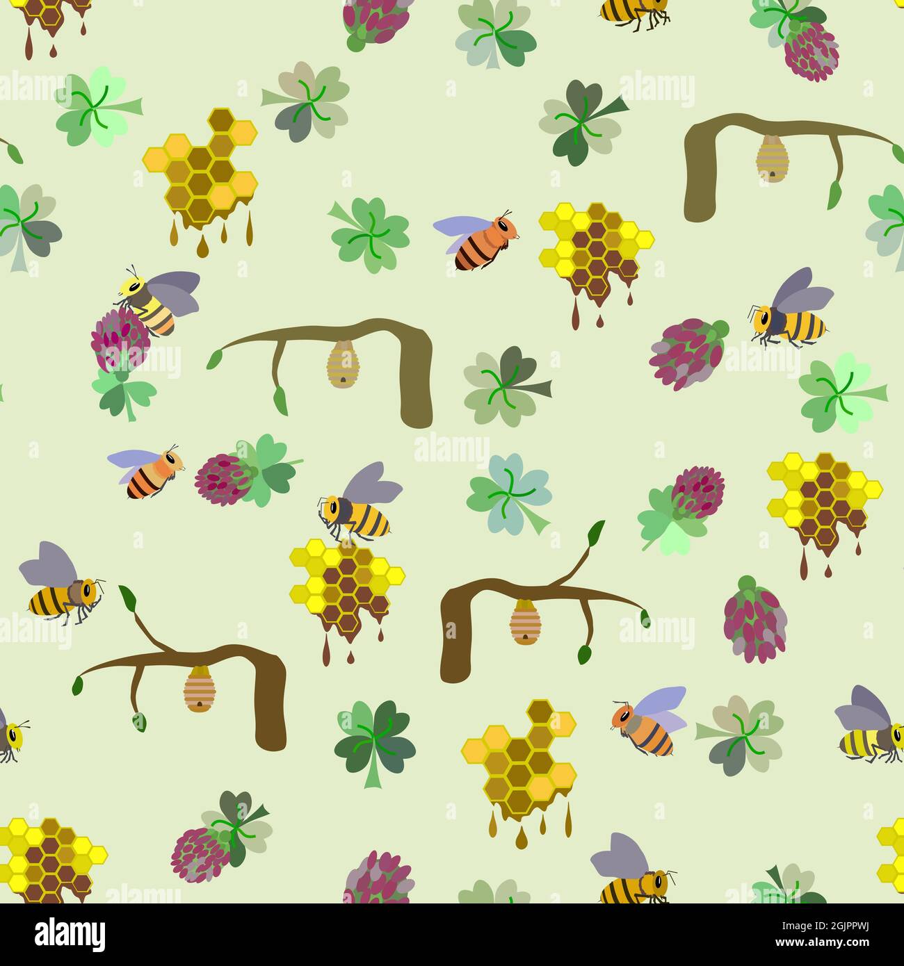 pattern with bee, honeycomb, clover flowers, leaves Stock Vector