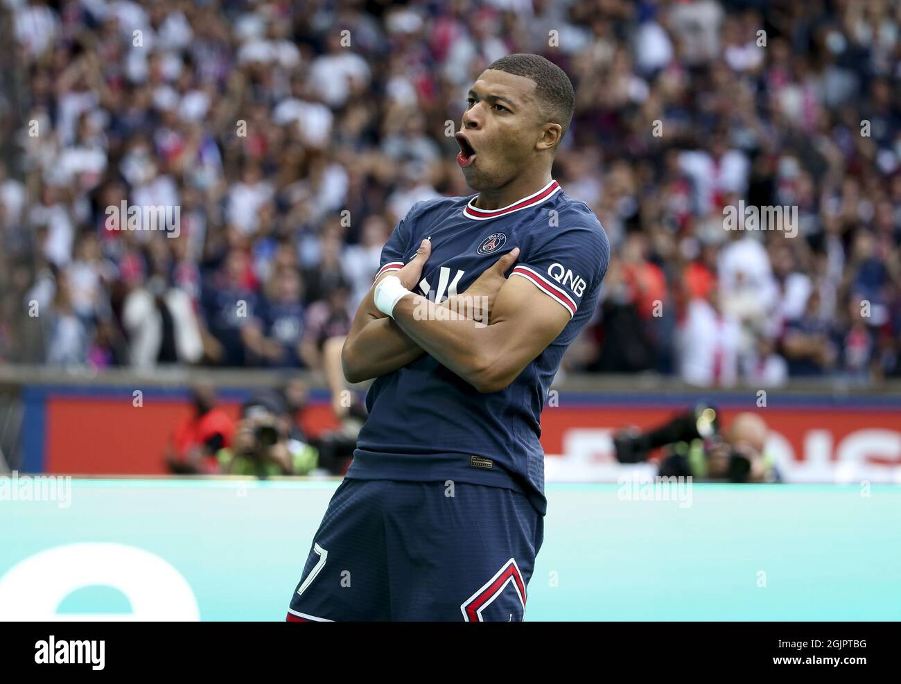 Kylian Mbappe of PSG celebrates his goal during the French championship  Ligue 1 football match between Paris Saint-Germain (PSG) and Clermont Foot  63 on September 11, 2021 at Parc des Princes stadium