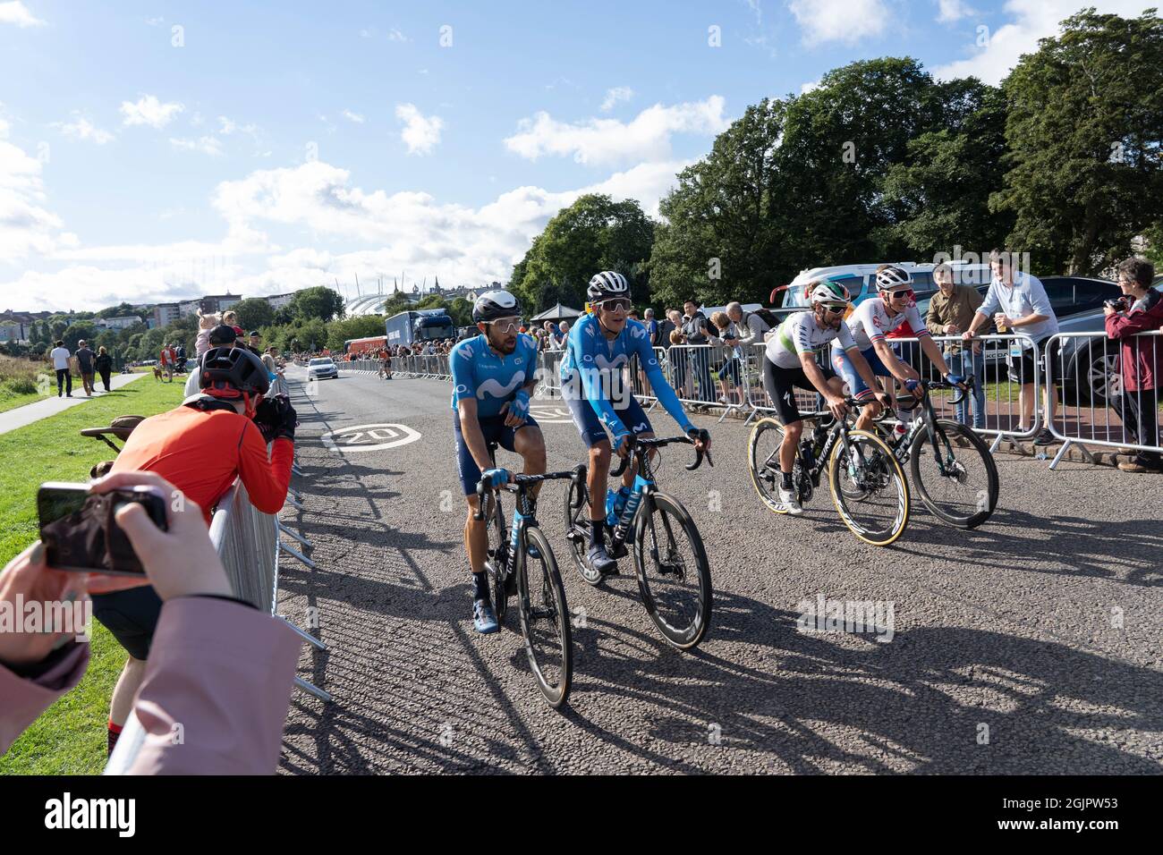 Edinburgh, Scotland, UK. 11th Sep, 2021. Edinburgh's Queens Drive plays host to the finish of Stage 7 of the 2021 AJ Bell Tour of Britain Cycling Race with Ethan Hayter, Wout Van Aert and Julian Alaphilippe battling to take the lead into the final stage tomorrow. Credit: Richard Gass/Alamy Live News Stock Photo