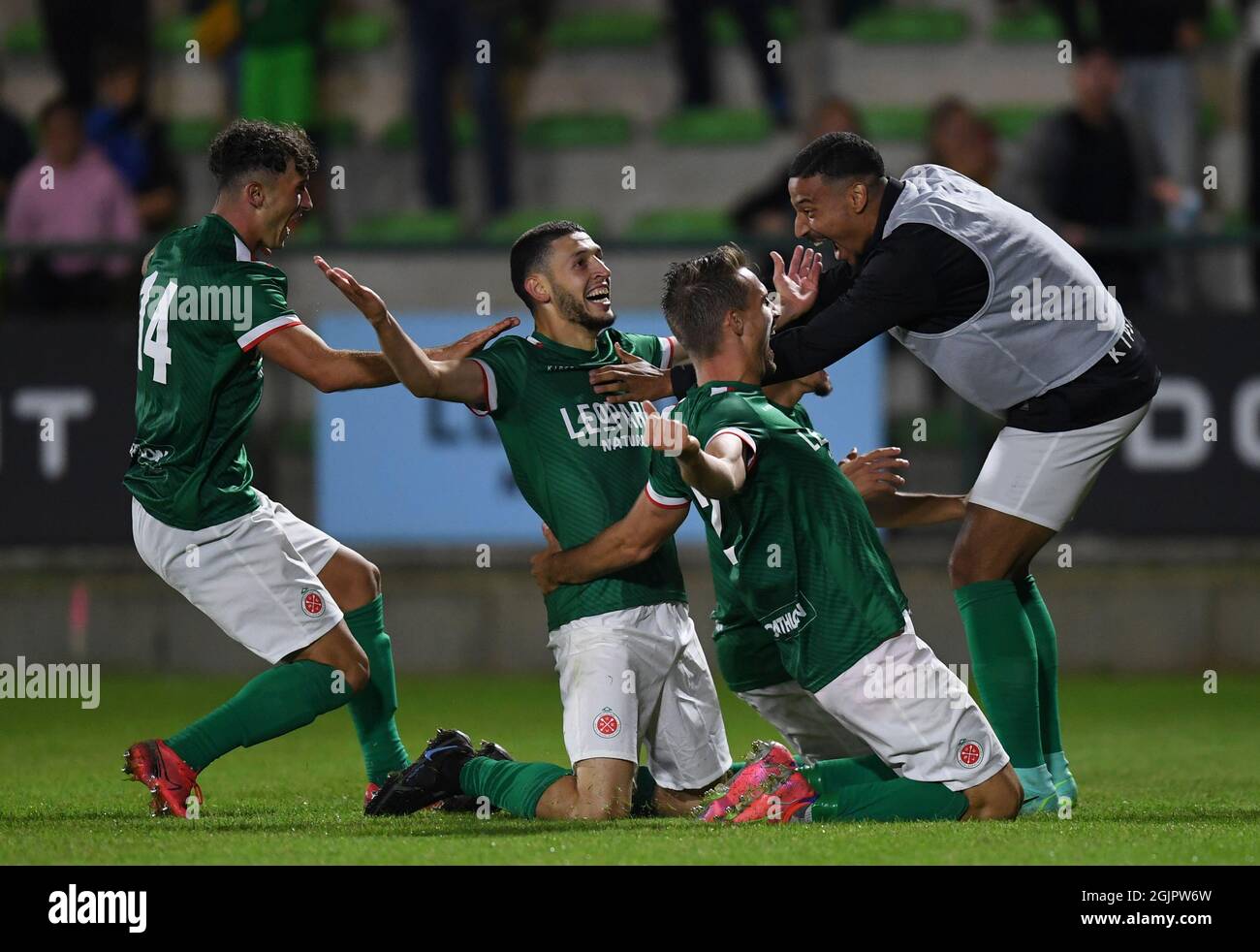 Virton's Ayyoub Allach celebrates after scoring during a soccer match between Royal Excelsior Virton and Lommel SK, Saturday 11 September 2021 in Virt Stock Photo