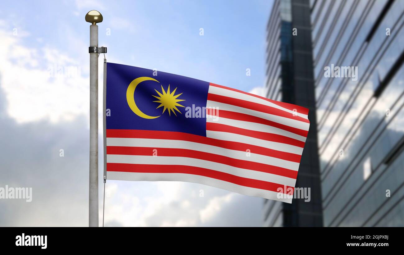 3D, Malaysian flag waving on wind with modern skyscraper city 