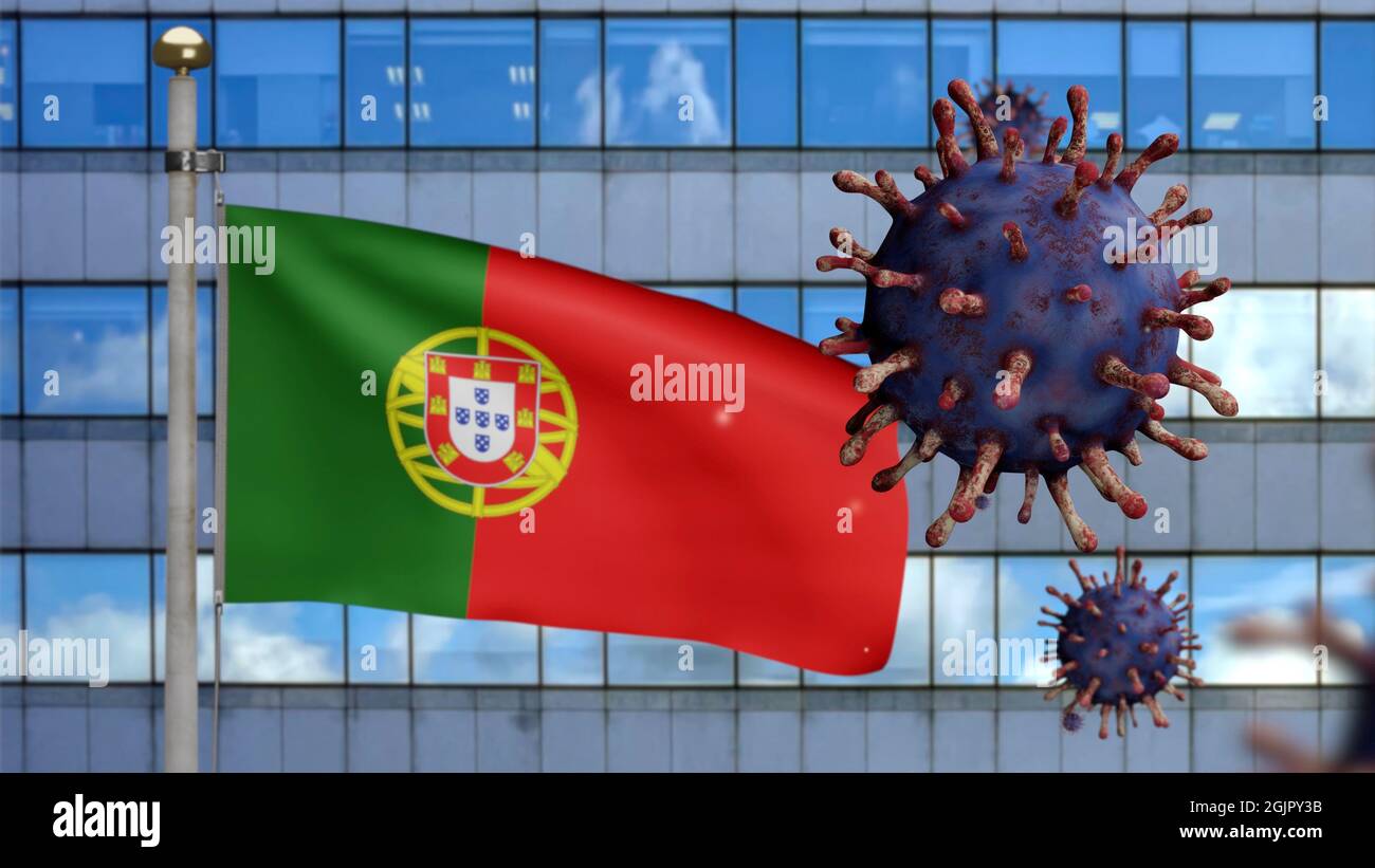 3D, Portuguese flag waving with modern skyscraper city and coronavirus