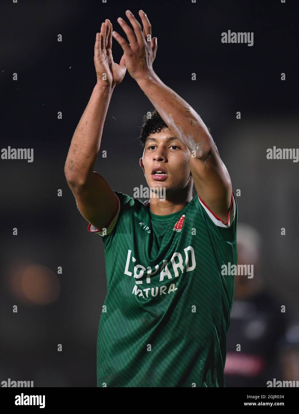 Virton's Jaamal Aabbou celebrates after winning and during a soccer match between Royal Excelsior Virton and Lommel SK, Saturday 11 September 2021 in Stock Photo