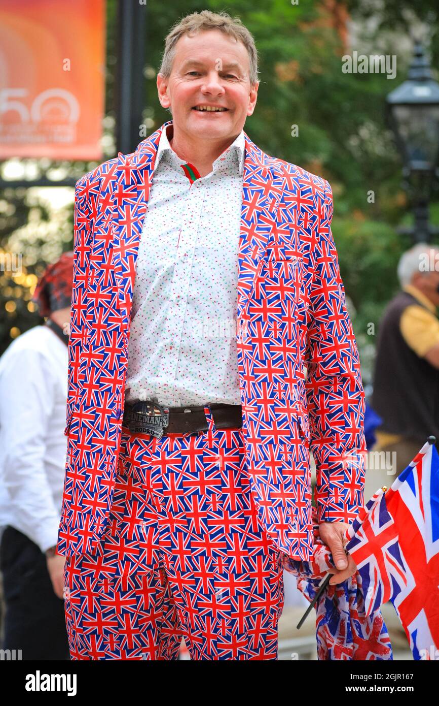 London, UK. 11th Sep, 2021. As is the longstanding tradition, many audience members arrive at the Royal Albert Hall in colourful outfits, often themed around the Union Jack, before the Last Night of the Proms 2021. Credit: Imageplotter/Alamy Live News Stock Photo