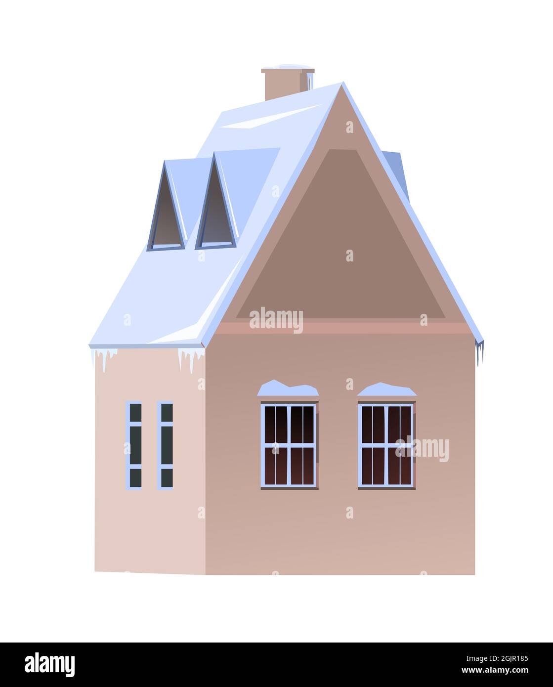 Country house. Winter season. Small. The roof is covered with snow. Gable roof outbuilding. Nice and cozy suburban private home. Flat cartoon style Stock Vector