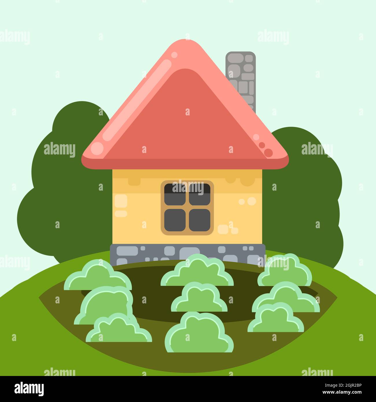 Small country house with yellow walls and red roofs. Funny cartoon