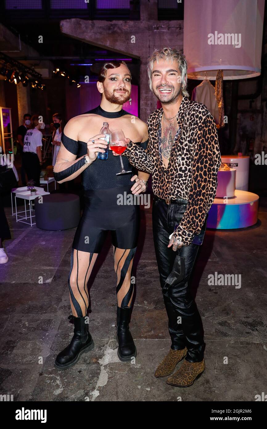 Berlin, Germany. 11th Sep, 2021. Riccardo Simonetti (l) and Bill Kaulitz  arrive at the About You Fashion Week show at Kraftwerk. About You, or  Re-Fashion Week, has been part of Berlin Fashion