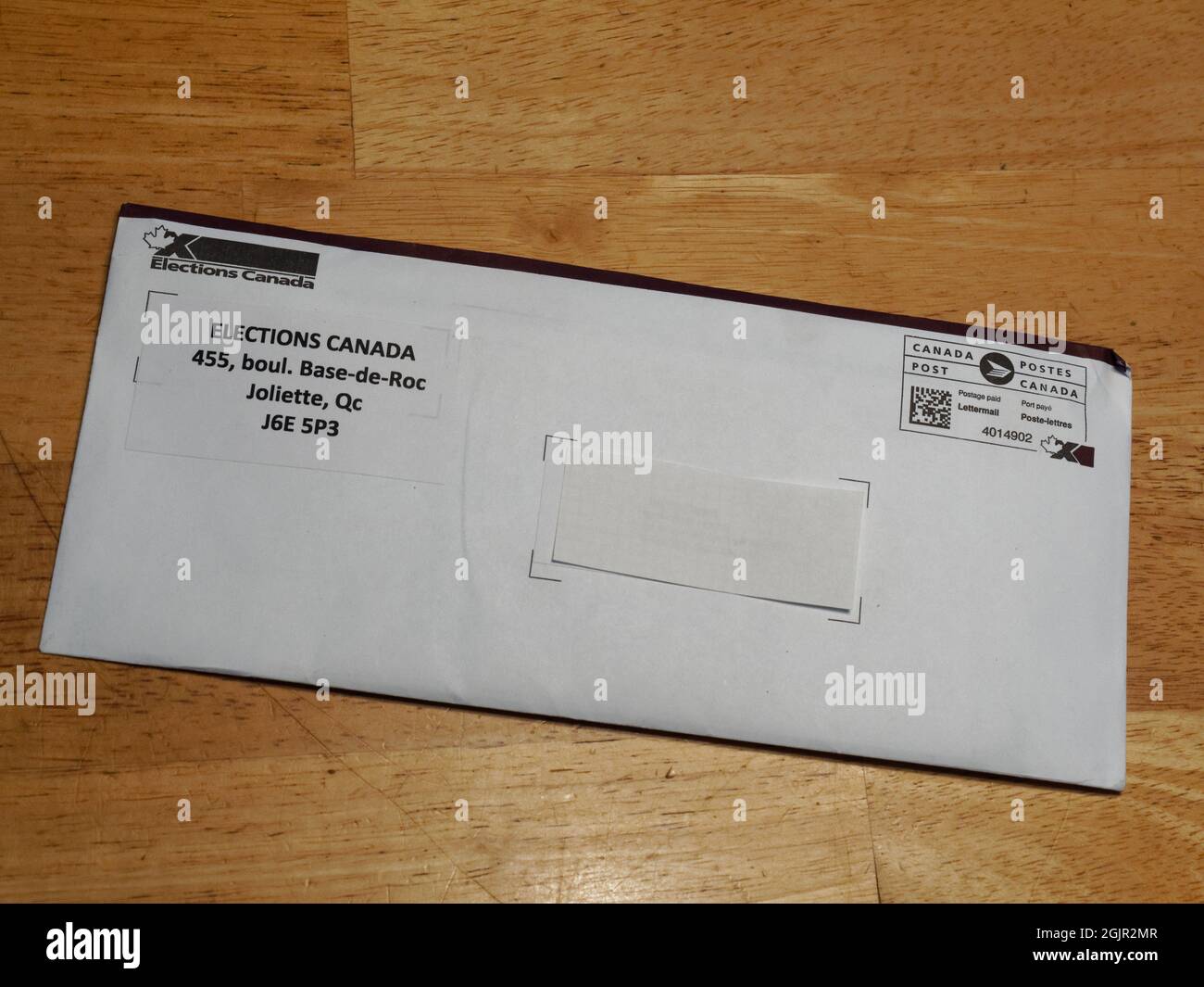 Elections Canada vote by mail return envelope. Quebec,Canada. Stock Photo