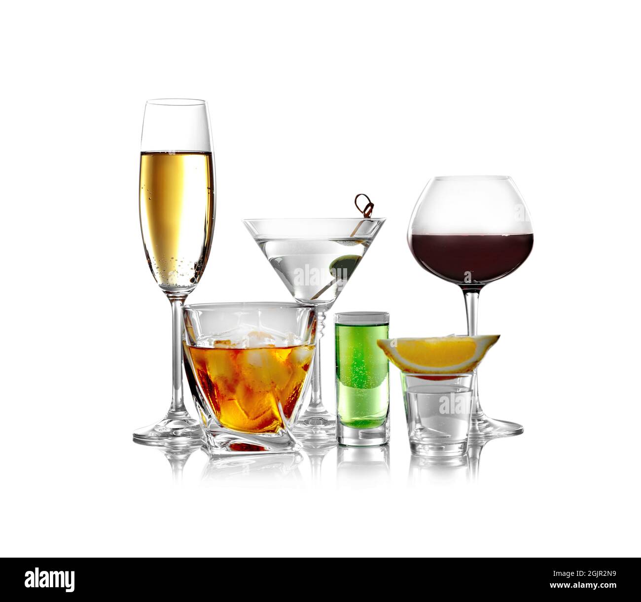 Glasses of wine and spirits on light background Stock Photo Alamy