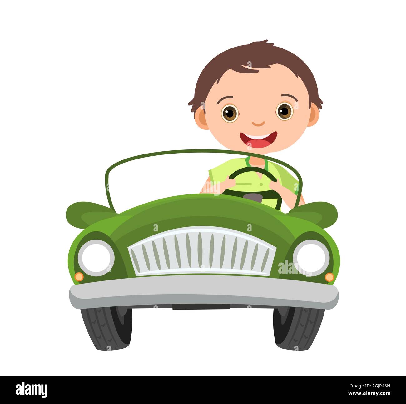 Kid drives a car. Green childrens automobile. Toy vehicle. With a motor