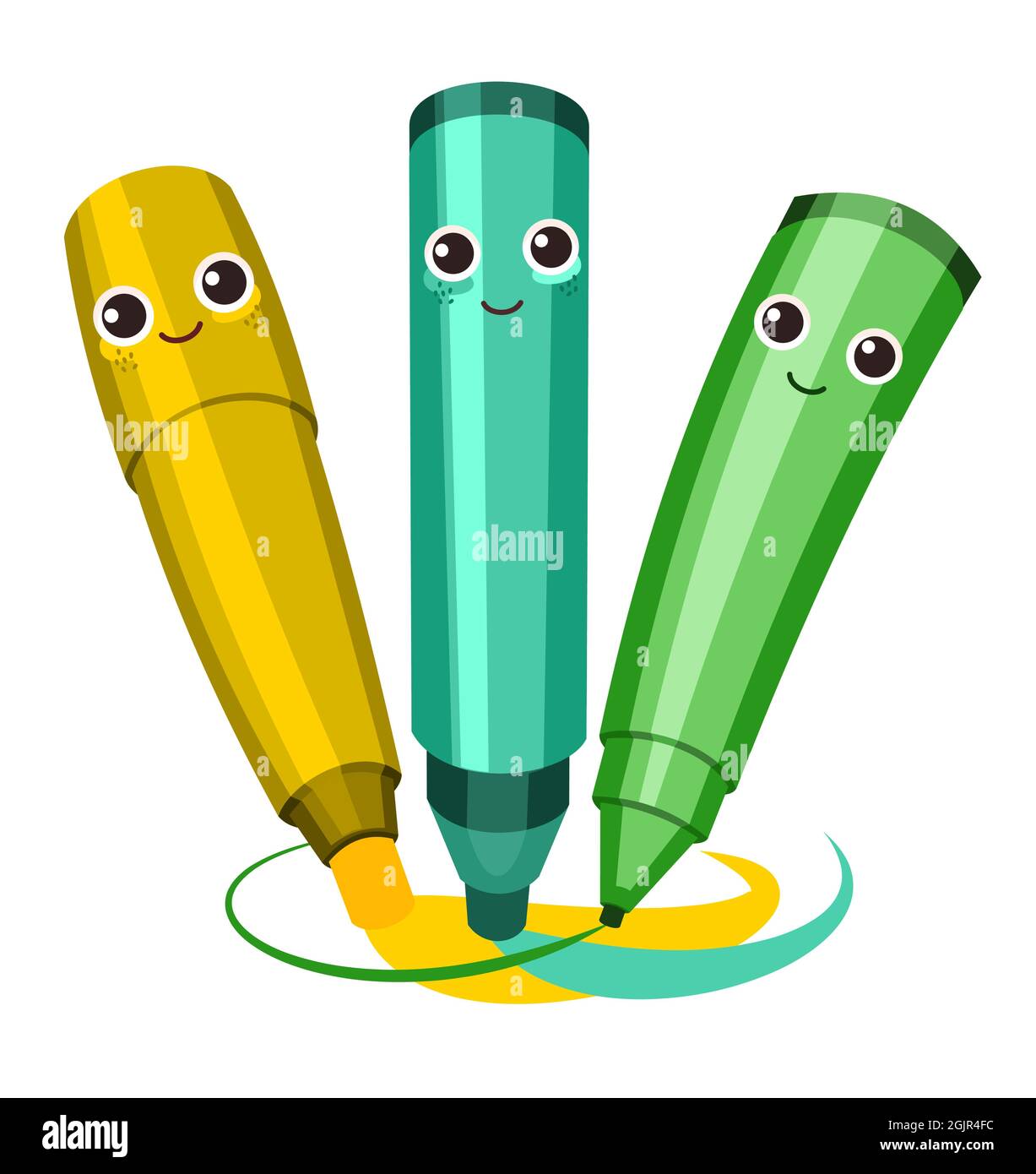 Three markers create art. Cheerful cute cartoon character. Good mood.  Character with a smile. Stationery for drawing and creativity. The object  is Stock Vector Image & Art - Alamy