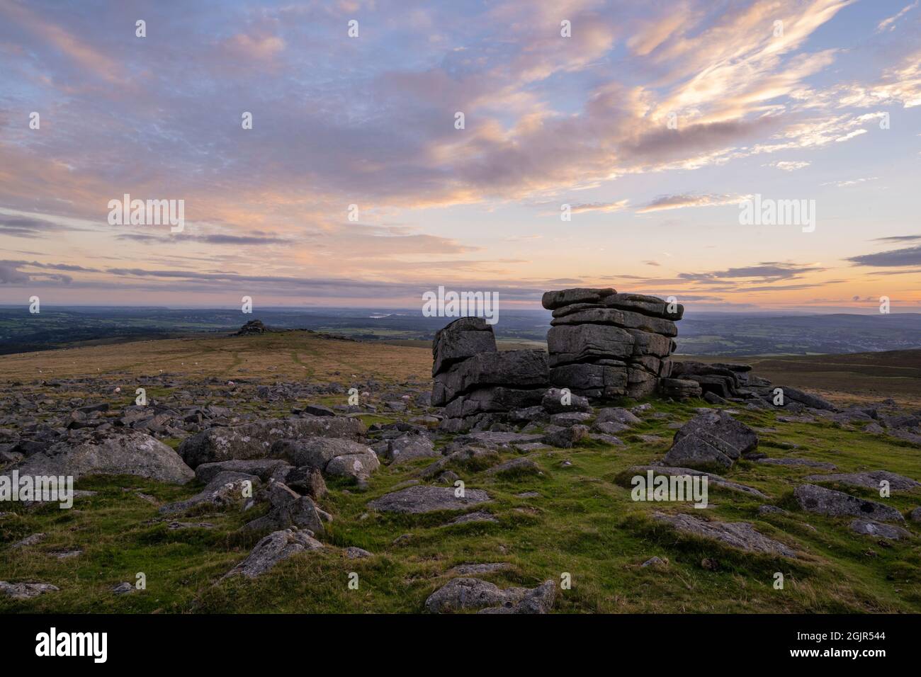 Dartmoor National Park, Devon, UK. 11th Sep, 2021. UK Weather: Sunset colours over Dartmoor National Park. Image taken from Great Staple Tor looking out towards Plymouth on a beautiful September evening. Credit: Celia McMahon/Alamy Live News Stock Photo