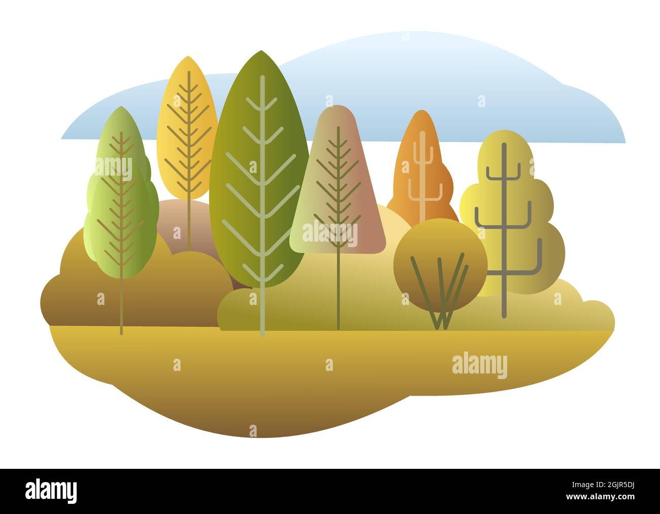 Autumn forest. Flat style symbolic illustration. Landscape in orange, yellow and green tones. Rural wildlife. Country scene with trees and sky Stock Vector