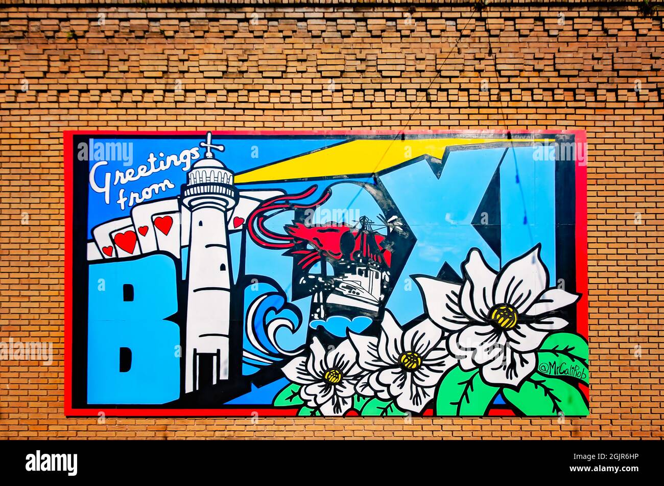A “Greetings from Biloxi” postcard mural is painted on the side of a building at Howard Avenue and G.E. Ohr Street in Biloxi, Mississippi. Stock Photo