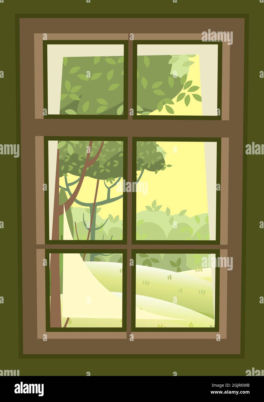Window is rectangular. With window sill and wall fragments. Day. Summer landscape view. Cartoon style. Flat design. Vector Stock Vector