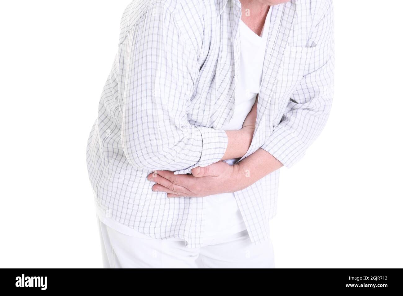 Mature man suffering from pain on white background Stock Photo - Alamy