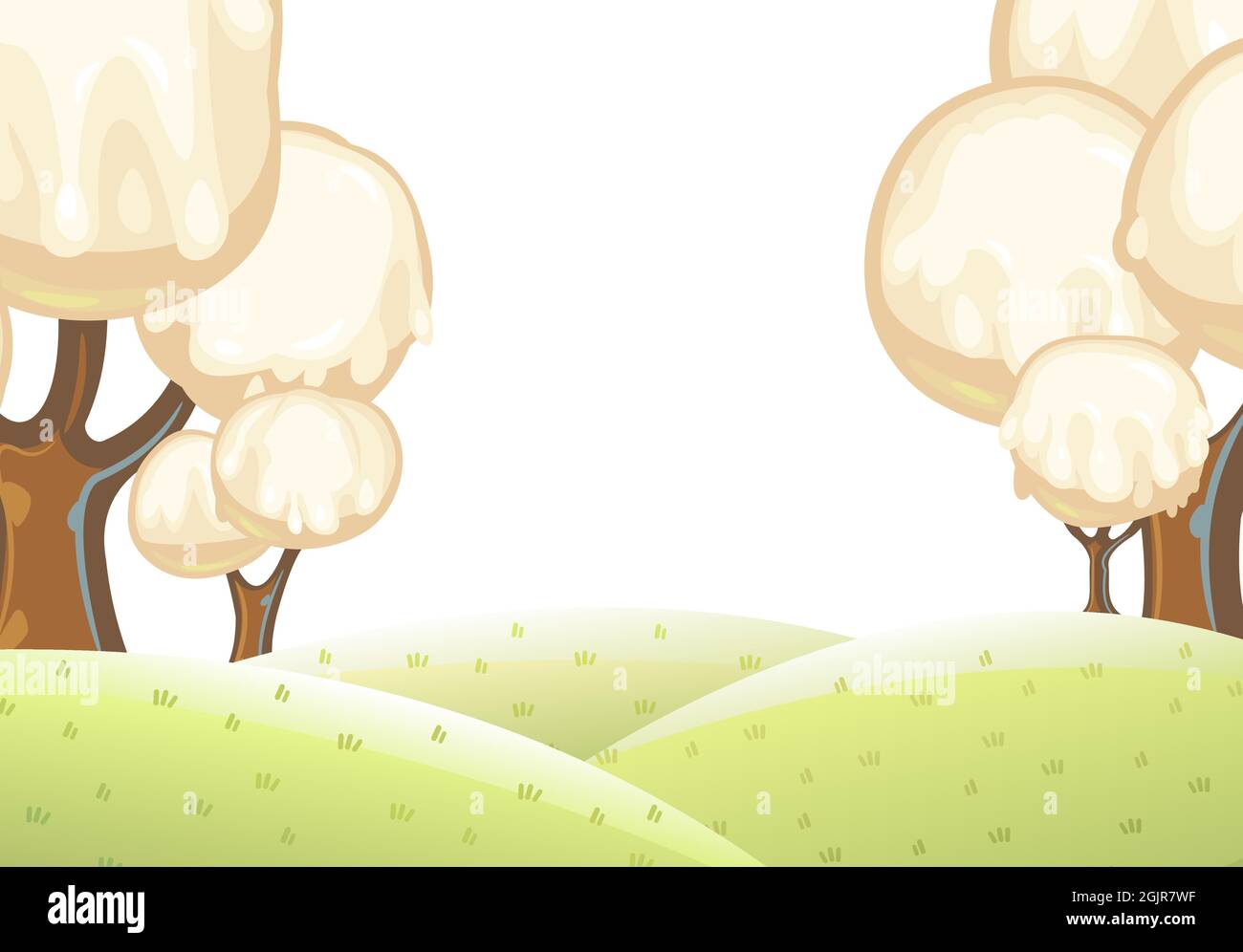 Fabulous sweet forest. Ice cream, drips of white milk cream. Trees with chocolate trunks. Cute hilly landscape for children. Isolated illustration Stock Vector