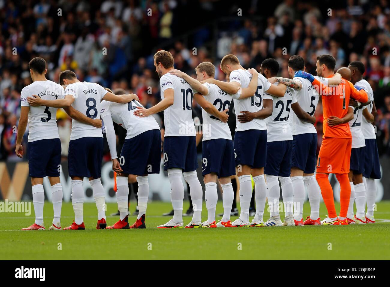 11th September 2021; Selhurst Park, Crystal Palace, London, England;  Premier League football, Crystal Palace versus Tottenham Hotspur: Tottenham Hotspur starting lineup all stand for a minute silence in remembers of 9/11 Stock Photo