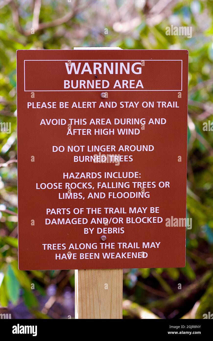 'WARNING Burned Area' Sign in National Park Stock Photo