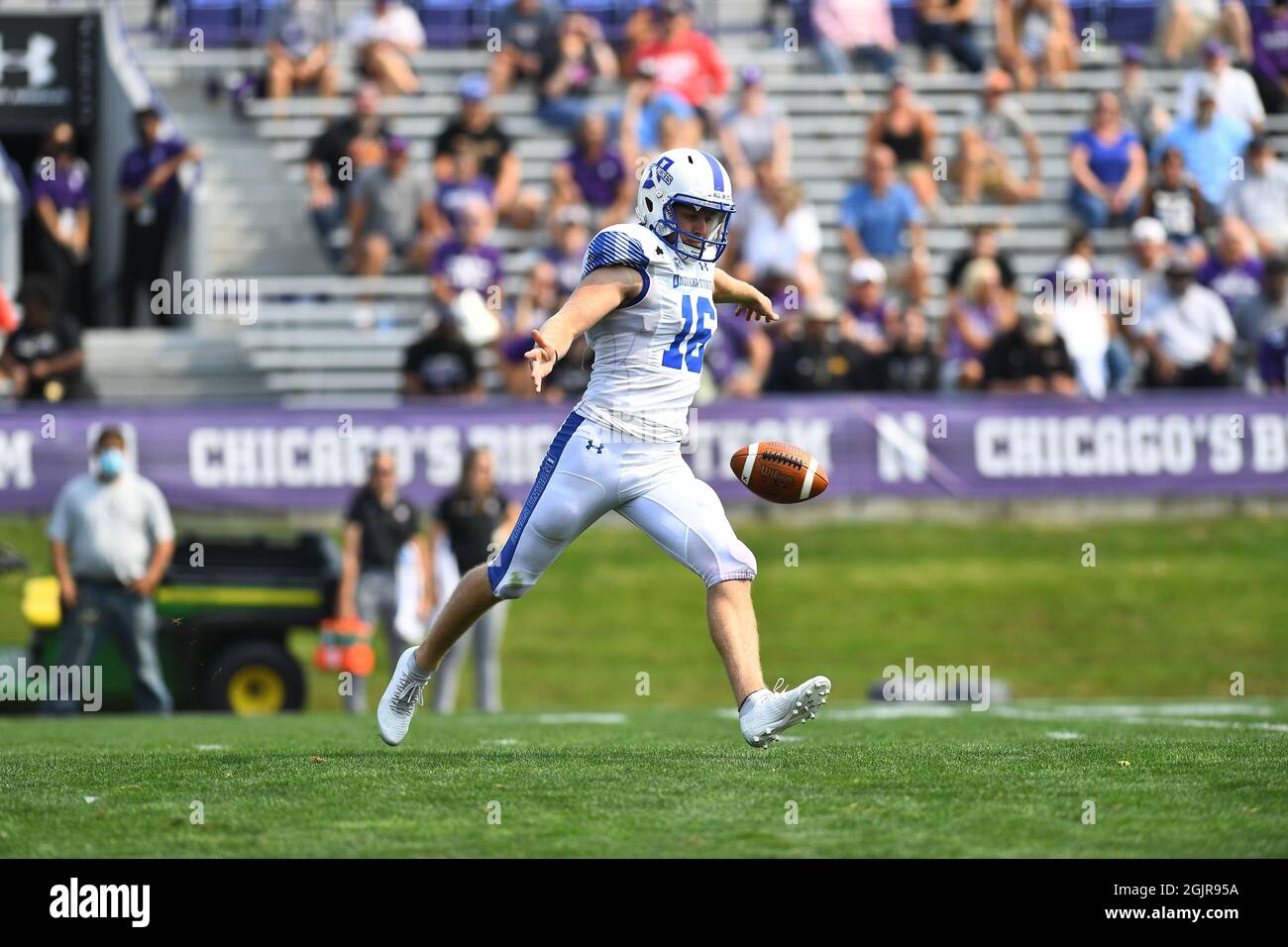 Evanston, Illinois, USA. 11th Sep, 2021. Cade Chambers #16 of the Indiana State Sycamores in action during the NCAA football game between the Northwestern Wildcats vs Indiana State Sycamores at Ryan Field in Evanston, Illinois. Dean Reid/CSM/Alamy Live News Stock Photo