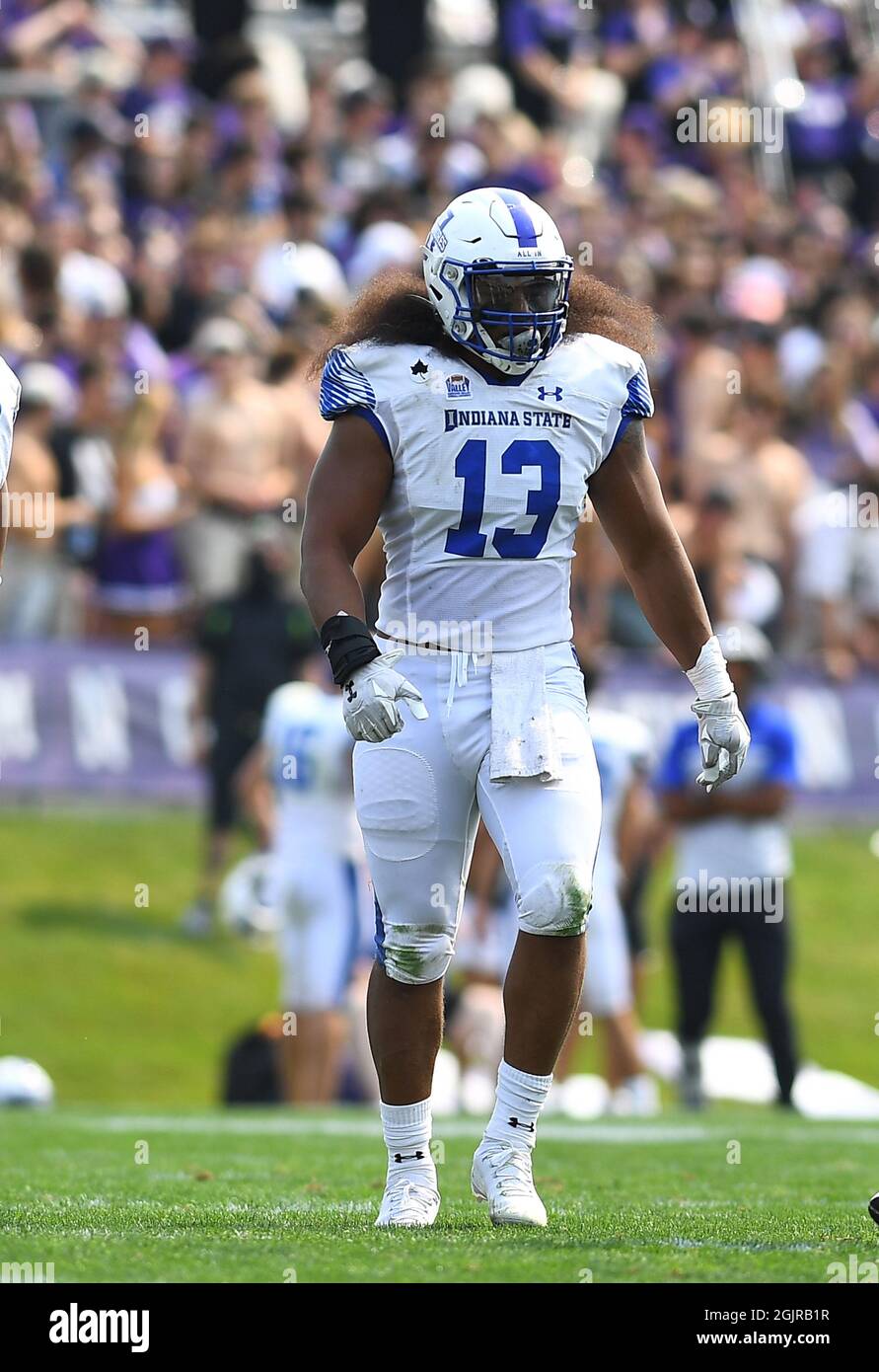 Evanston, Illinois, USA. 11th Sep, 2021. Inoke Moala #13 of the Indiana State Sycamores in action during the NCAA football game between the Northwestern Wildcats vs Indiana State Sycamores at Ryan Field in Evanston, Illinois. Dean Reid/CSM/Alamy Live News Stock Photo