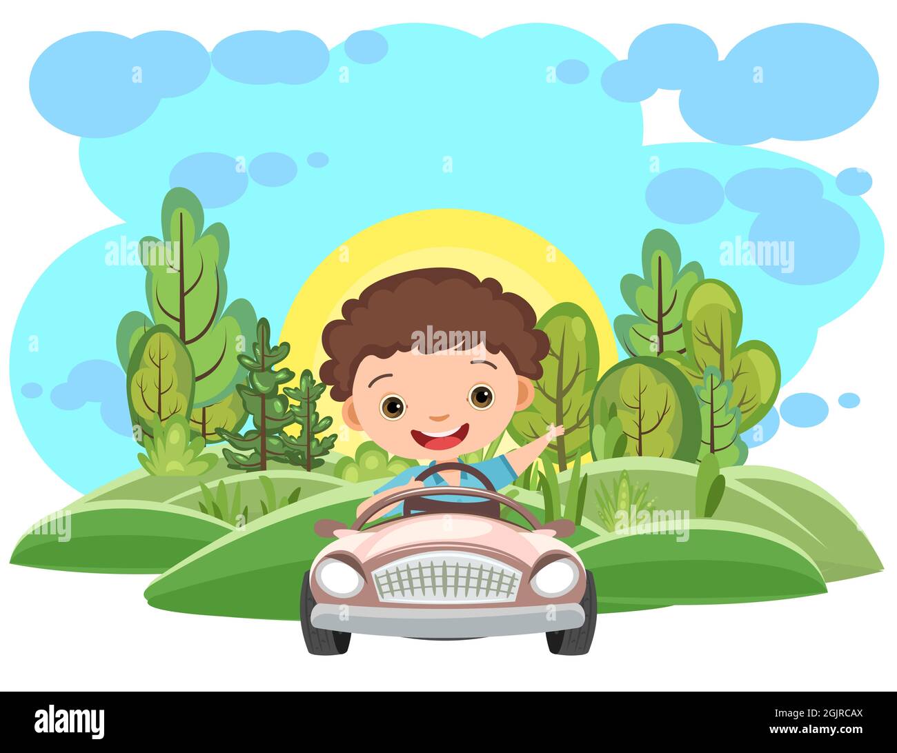 Childrens trip in a small car. Kid drives a pedal or electric toy automobile. Sun. Cartoon illustration. Isolated. Summer rural landscape. Vector Stock Vector
