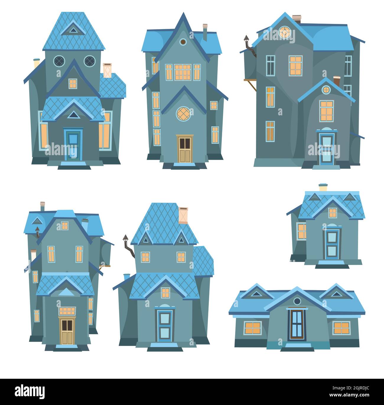 Set of cartoon houses at night. A beautiful, cozy country house in a traditional European style. Collection of Cute funny homes. Darkness. Isolated on Stock Vector