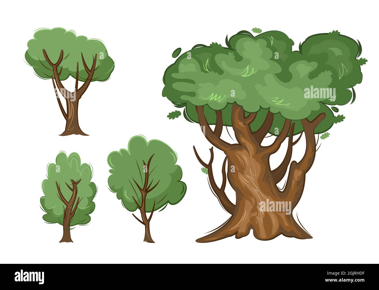 Summer trees and bushes set. Oak. Adult and young green plants. Objects are isolated on a white background. Beautiful thin and graceful. Flat style Stock Vector