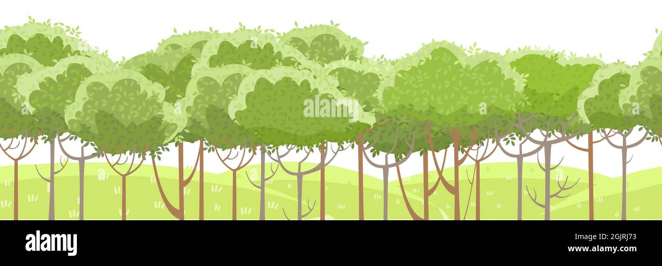 Thin young trees. Grassy green hills. Beautiful and graceful landscape. Isolated on white background. Flat style. Cartoon design. Seamless, Vector Stock Vector