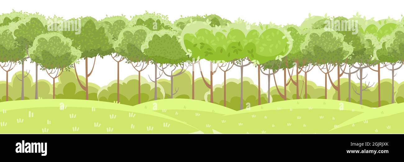 Thin young trees and bushes. Grassy green rural hills. Beautiful and graceful landscape. Isolated on white background. Flat style. Cartoon design Stock Vector