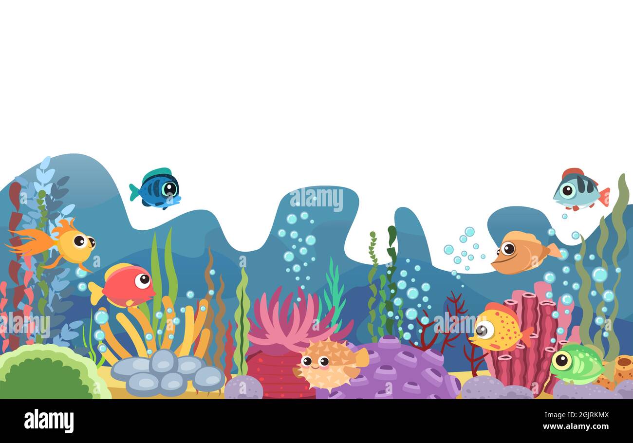 The Bottom Of The Reservoir With Fish Blue Water Sea Ocean Underwater Landscape With Animals Plants Algae And Corals Illustration In Cartoon Stock Vector Image Art Alamy