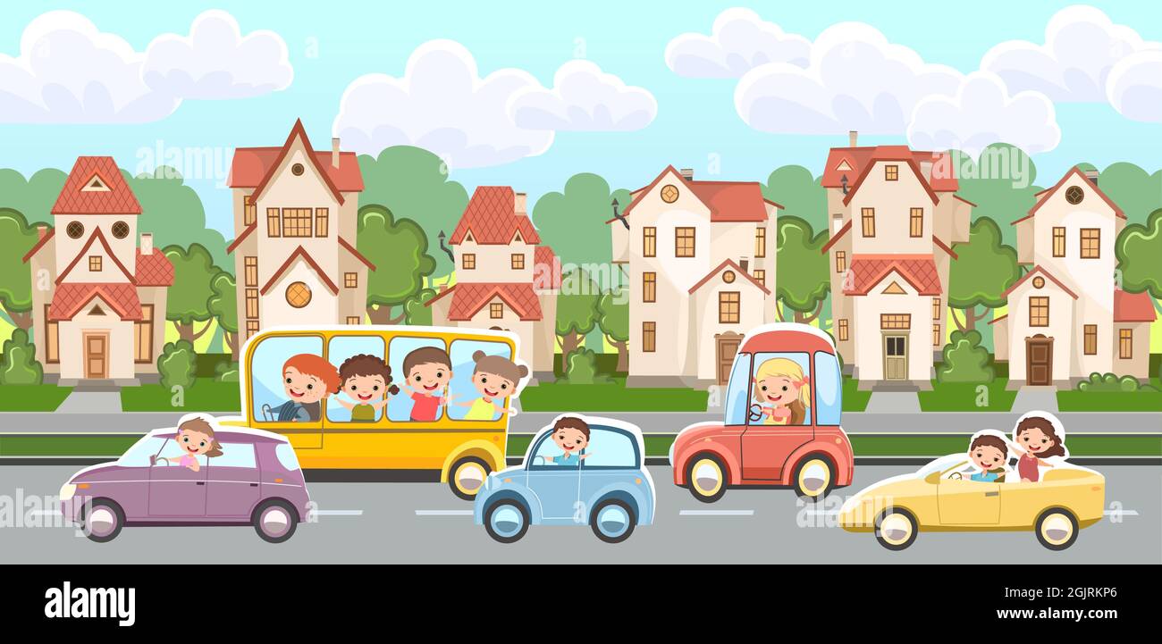Street traffic. Cartoon childrens illustration. Children on vacation. Town summer landscape with suburban road. Automotive tourism. Travel children Stock Vector