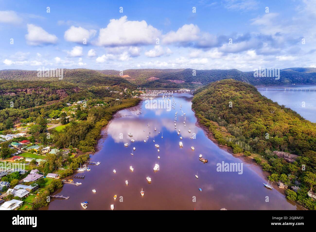Hawkesbury river Long Island at Brooklyn fishing and oyster farms village in Greater Sydney - aerial scenic view. Stock Photo