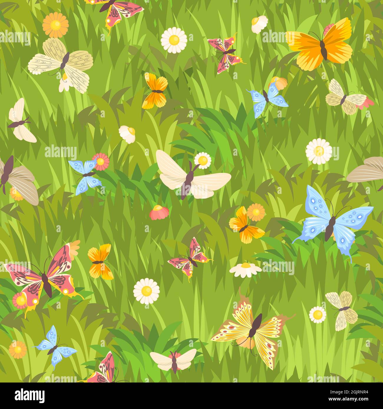 Seamless pattern. Meadow with dense grass, flowers and butterflies ...