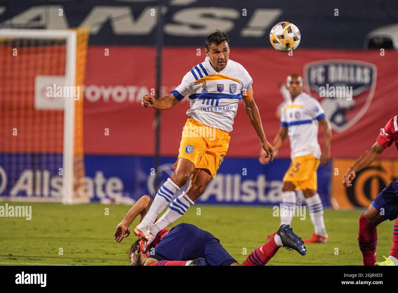 Dallas, Texas, USA, September 11, 2021,  San Jose Earthquakes player Chris Wondolowski #8 makes a header at Toyota Stadium.  (Photo Credit:  Marty Jean-Louis) Stock Photo