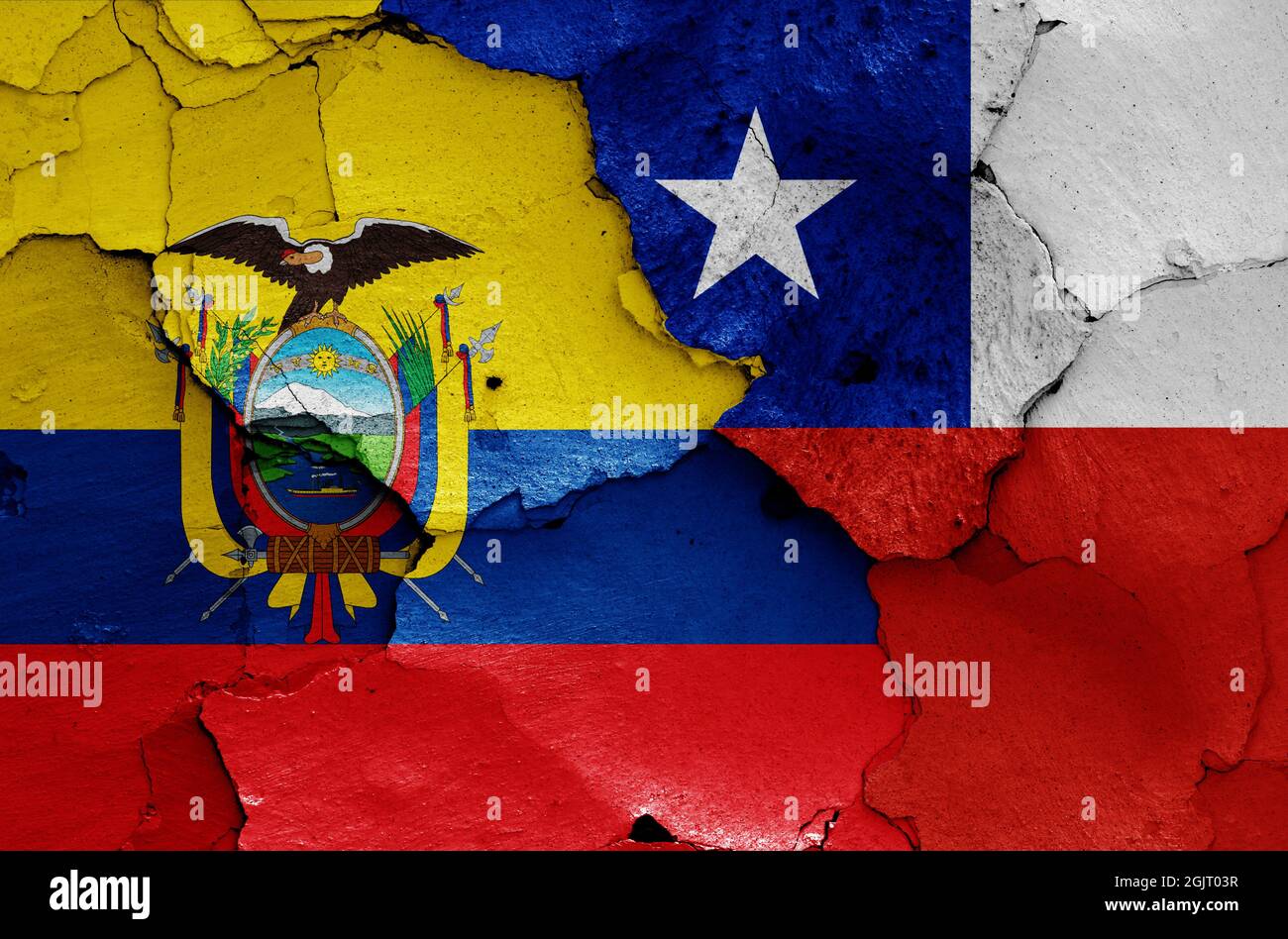 flags of Ecuador and Chile painted on cracked wall Stock Photo