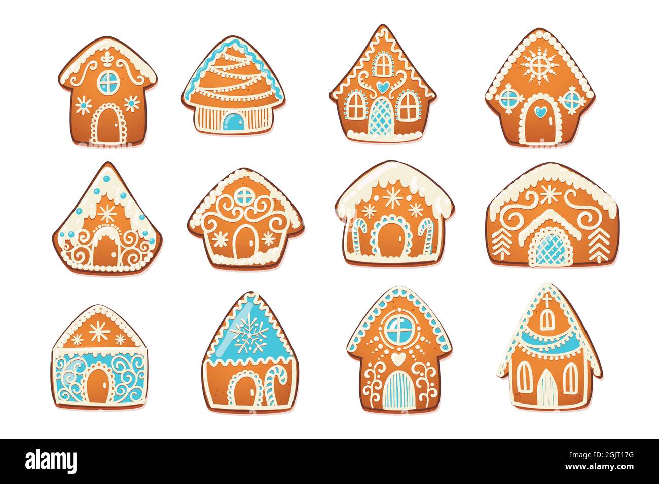 Gingerbread Houses Set. Cute Christmas Traditional Cookie with white ...
