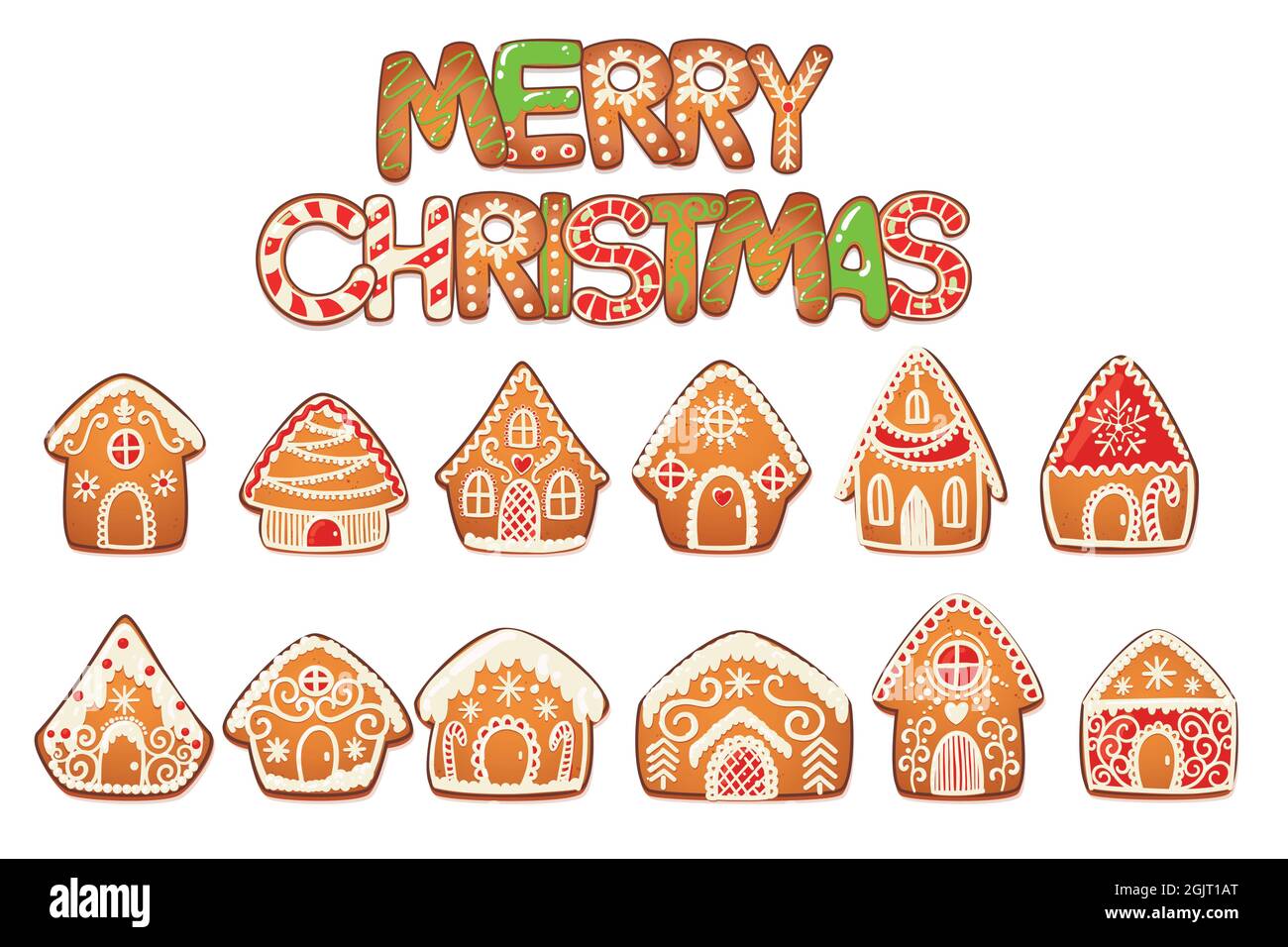 Gingerbread Houses Set. Cute Christmas Traditional Cookie with white ...
