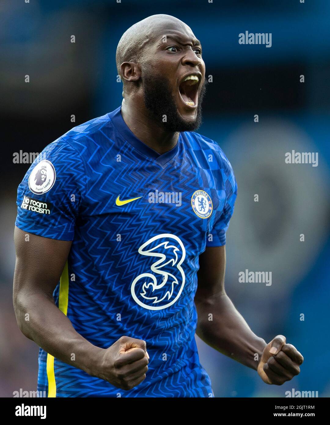 London, Britain. 11th Sep, 2021. Chelsea's Romelu Lukaku celebrates after scoring during the Premier League match between Chelsea and Aston Villa in London, Britain, on Sept. 11, 2021. Credit: Han Yan/Xinhua/Alamy Live News Stock Photo