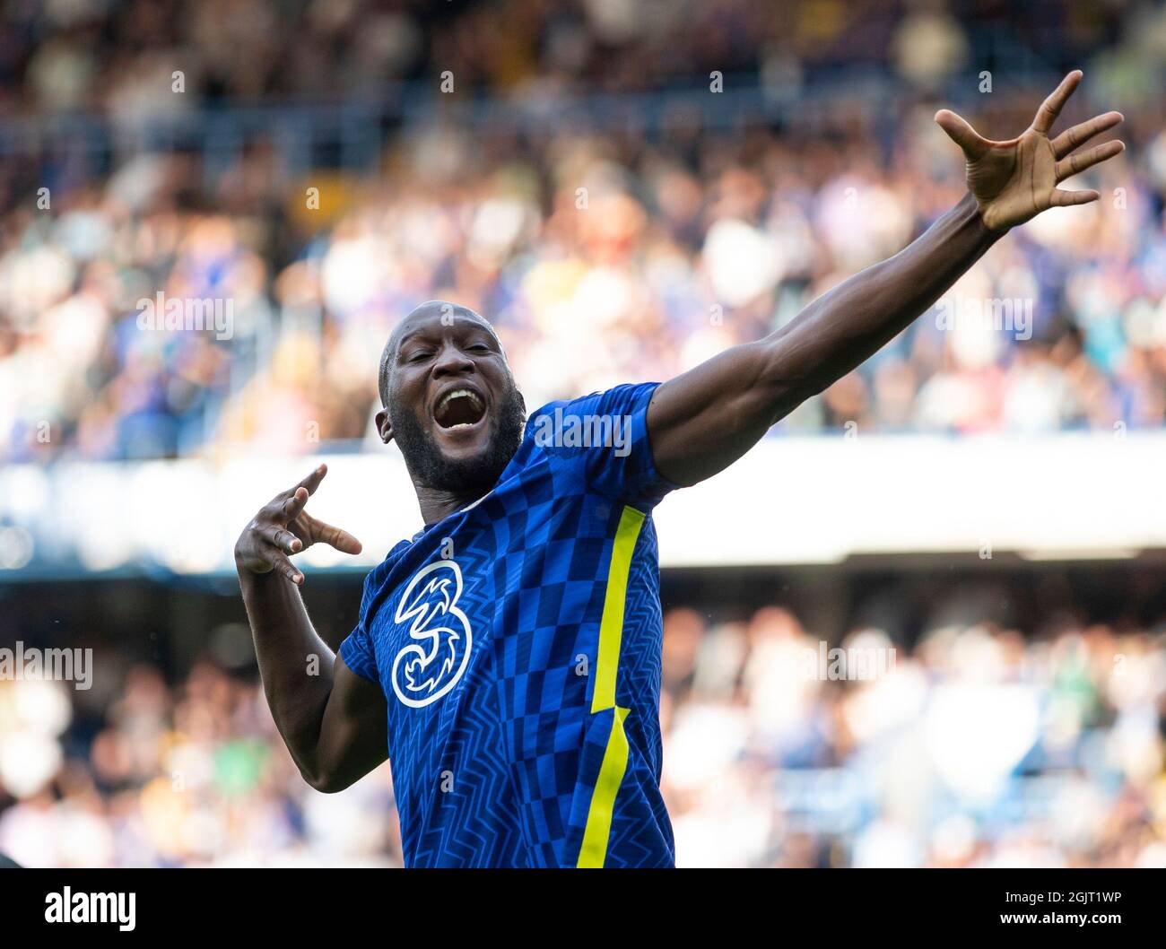 London, Britain. 11th Sep, 2021. Chelsea's Romelu Lukaku celebrates after scoring during the Premier League match between Chelsea and Aston Villa in London, Britain, on Sept. 11, 2021. Credit: Han Yan/Xinhua/Alamy Live News Stock Photo