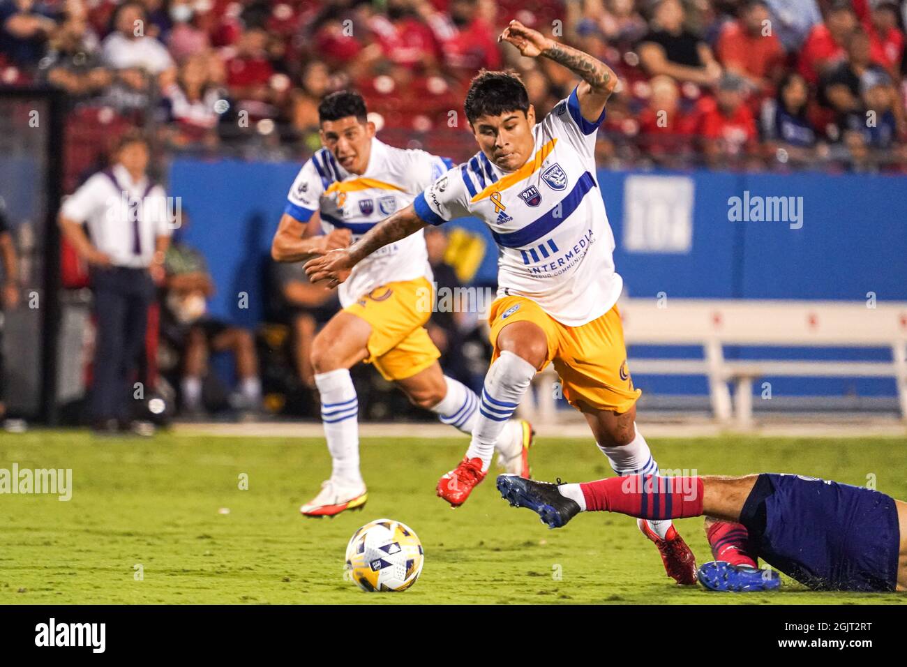Dallas, Texas, USA, September 11, 2021,  San Jose Earthquakes Midfielder Javier López #9 avoids tackle during the match at Toyota Stadium.  (Photo Credit:  Marty Jean-Louis) Stock Photo
