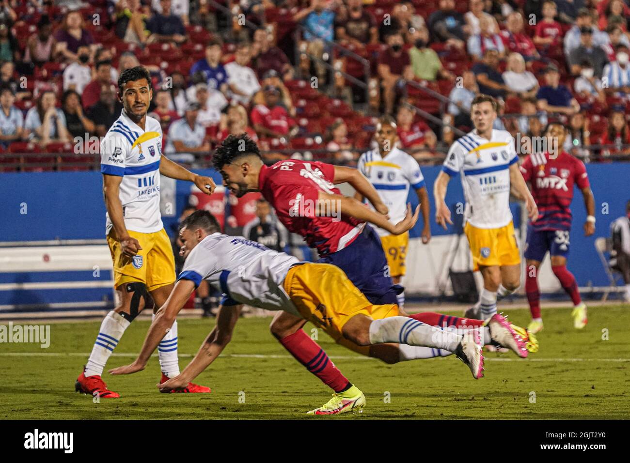 Dallas, Texas, USA, September 11, 2021, FC Dallas forward Ricardo Pepi #16 makes a header and score dudring th second half of the match at Toyota Stadium.  (Photo Credit:  Marty Jean-Louis) Stock Photo