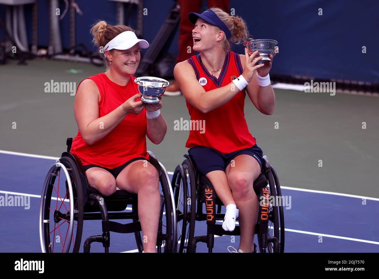 New York City, United States. 11th Sep, 2021. Flushing Meadows, New York -  September 11, 2021: New York: Diede de Groot, and Aniek van Koot of the  Netherlands with their trophies after