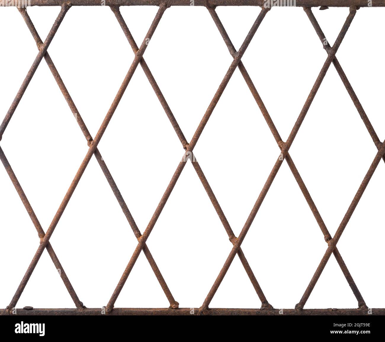 forged rusty metal protective grille isolated on white, geometric background texture for designing,old weathered iron grating seamless pattern structu Stock Photo