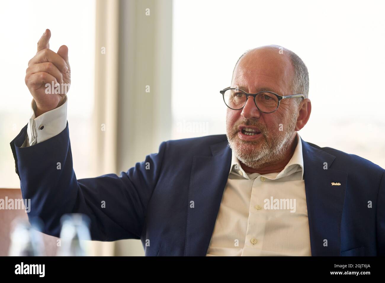 Koblenz, Germany. 08th Sep, 2021. Debeka CEO Thomas Brahm talks to dpa. He  said that the company had grown in all areas despite its significant  premium increase in health insurance at the