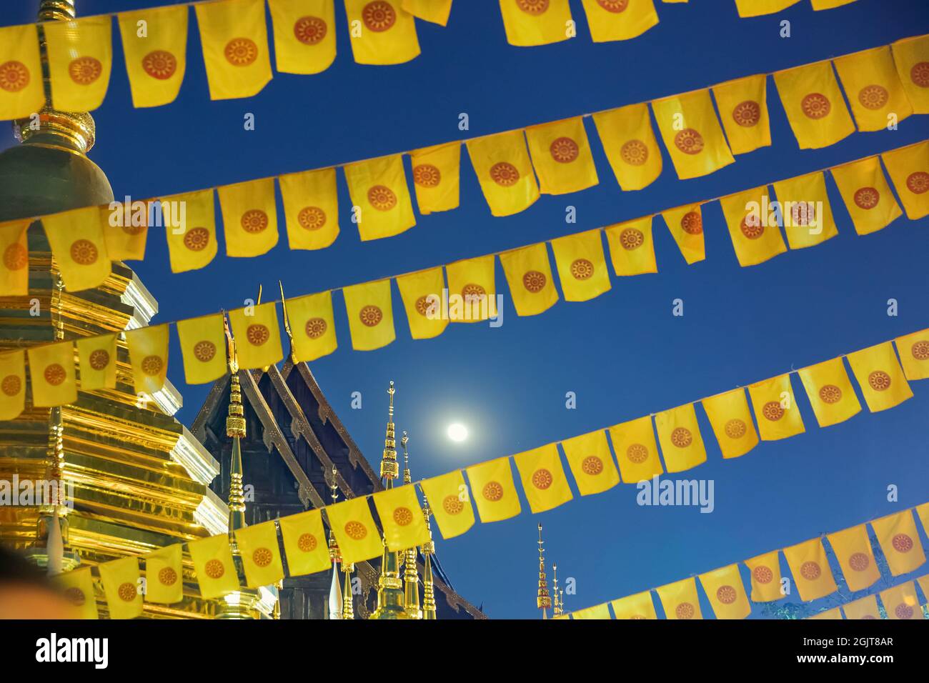 The Dhammachak Flag or Thai Buddhist flag in temple which is used widely in Thailand Stock Photo