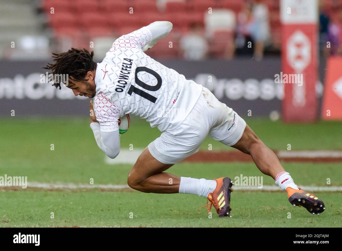SINGAPORE-APRIL 13:Ryan Olowofela of England 7s team in action during Day 1 of HSBC World Rugby Singapore Sevens on April 13, 2019 at National Stadium in Singapore Stock Photo